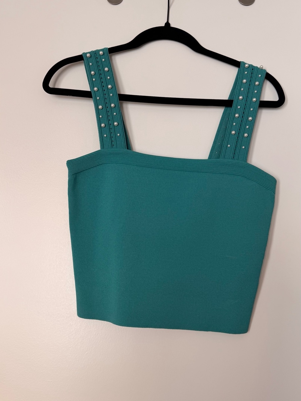Pearl-Embellished Teal Square-Neck Crop Top